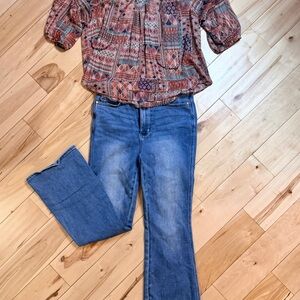 By & By Boho Patchwork Cold Shoulder Peasant Blouse | Lace Back Festival Top M